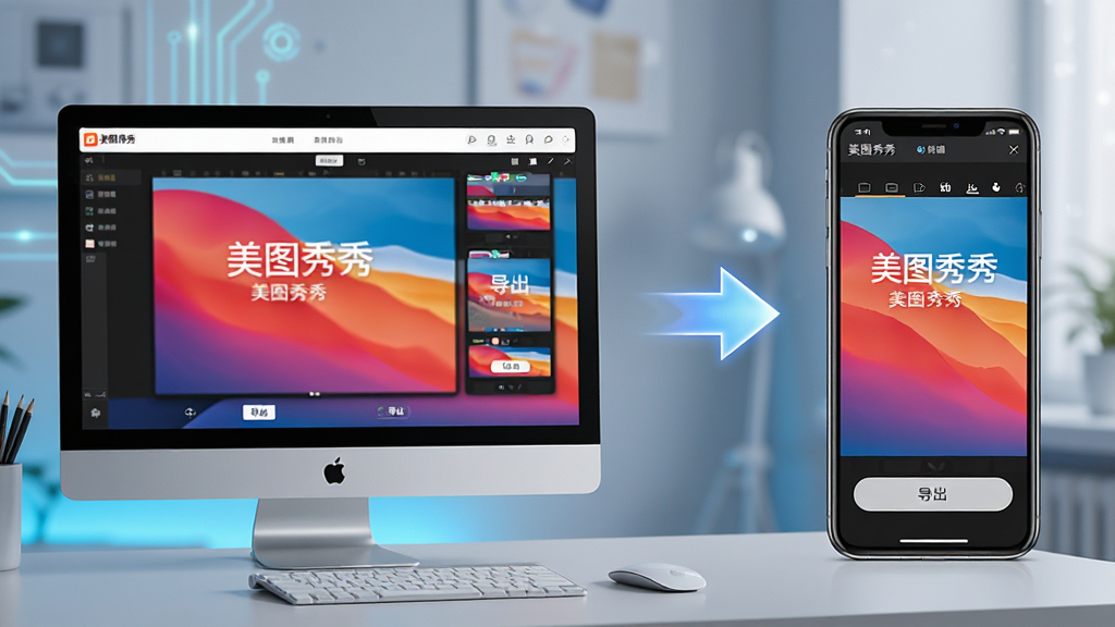 主体:电脑端和手机端并排展示美图秀秀编辑界面,强调跨设备使用。布局:左电脑右手机,中间用箭头连接。排版:对比式布局。风格:科技感,现代。细节:屏幕内显示“美图秀秀”主界面及“导出”按钮。画质:高清,干净无多余元素。