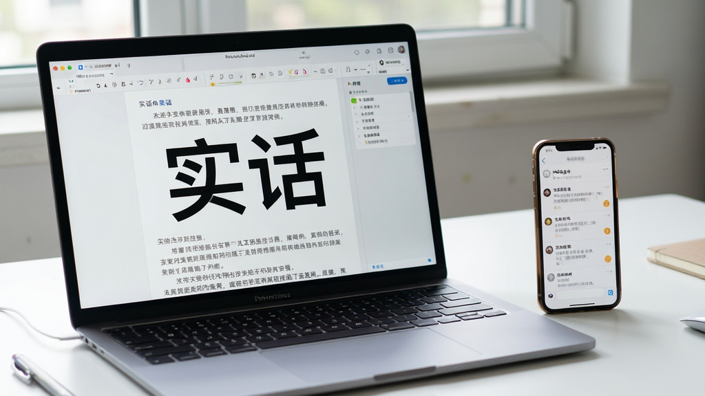 主体:一台笔记本电脑和一部手机并排摆放,屏幕上都显示