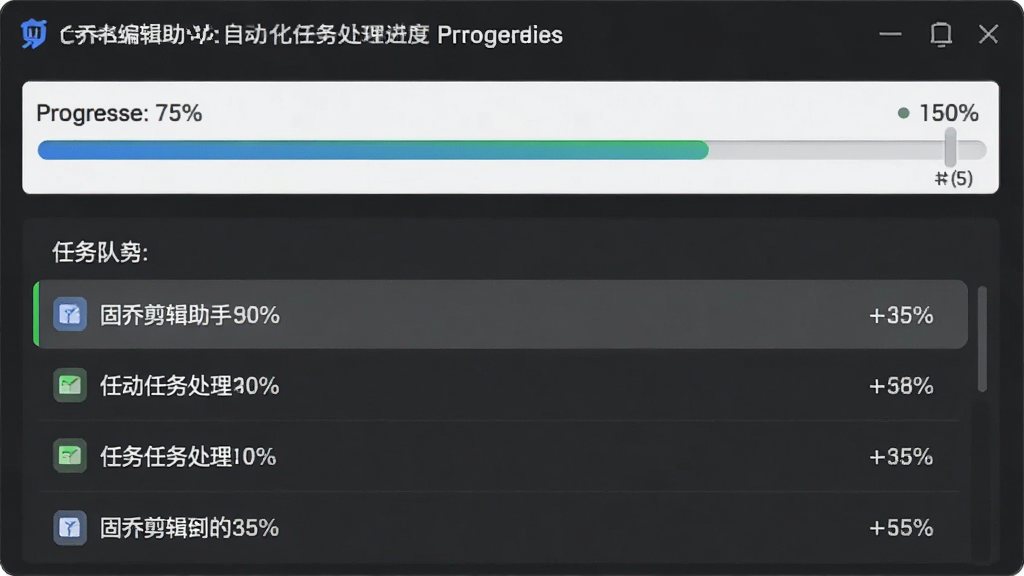 固乔剪辑助手自动化任务处理进度界面,主体为进度条与任务队列,布局简洁,风格实用,细节显示完成百分比,画质干净,无多余元素