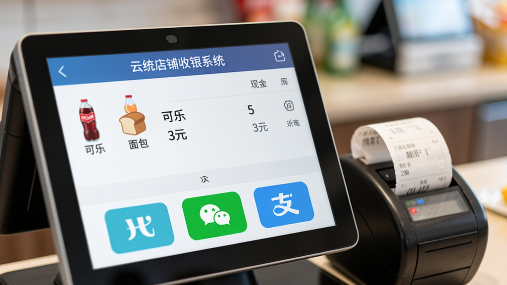 ��д��ͷ��ʾһ̨���С���ͳ��������ϵͳ������������Ļ����������ʾ��֧����Ʒ��ϸ������ 3Ԫ��������� 5Ԫ�����·����ֽ�΢�š�֧��������֧��ͼ�갴ť���Ա�һ̨СƱ��ӡ�����ڳ�ֽ������ɫ���������Խ��������������黯��ͻ������ϸ�ڡ�