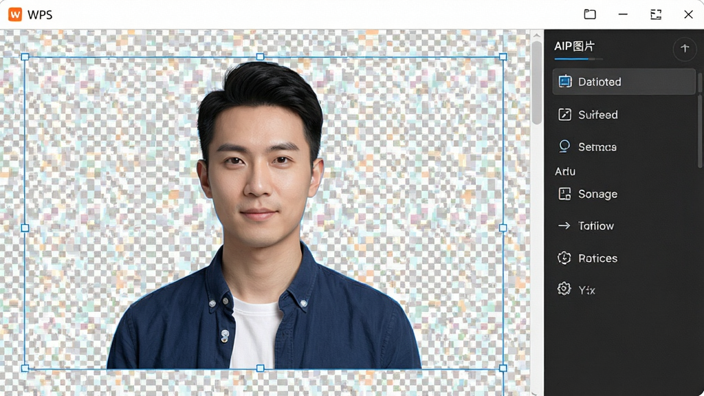 WPS图片的AI抠图功能演示界面,图片主体人物被智能选中,背景变为透明网格,右侧工具栏显示操作选项,界面清晰直观,画质细腻,无多余元素
