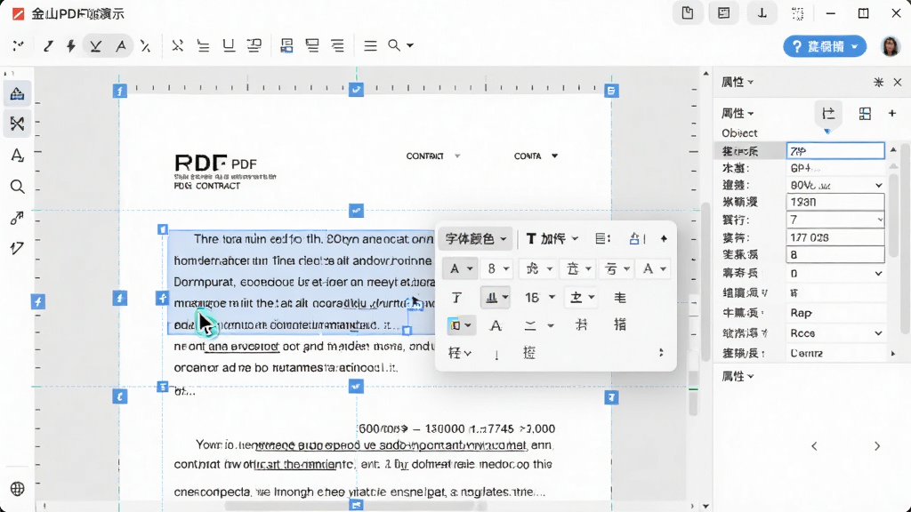 ��ɽPDF�༭������ʾͼ������������ʾһ�����ڱ༭��PDF��ͬ�ĵ���ѡ��һ�����ֺ󵯳�������ʽ������������������ɫ���Ӵ֡��ֺŵ�ѡ��Ҳ�������չʾ��ǰ�������ϸ����������Ϊǳ��ɫ��������������������ͻ�����ֱ༭״̬�µĸ�����������ܸ����ߣ�ϸ�ڷḻ����������