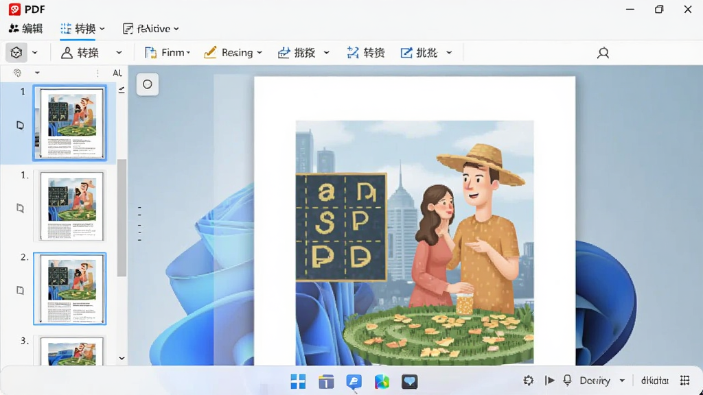 ��ɽPDF������Ԥ��ͼ��չʾ������PDF�ĵ�������岼�֣����Ϊҳ������ͼ���м�Ϊ�ĵ��Ķ����򣬶���������������ʾ�༭��ת������ע��ѡ�������Windows 11���ǳɫ���棬��Ļ��ͼ���ؼ�����������ϸ�������������Χרҵ�����࣬�޶���Ԫ��