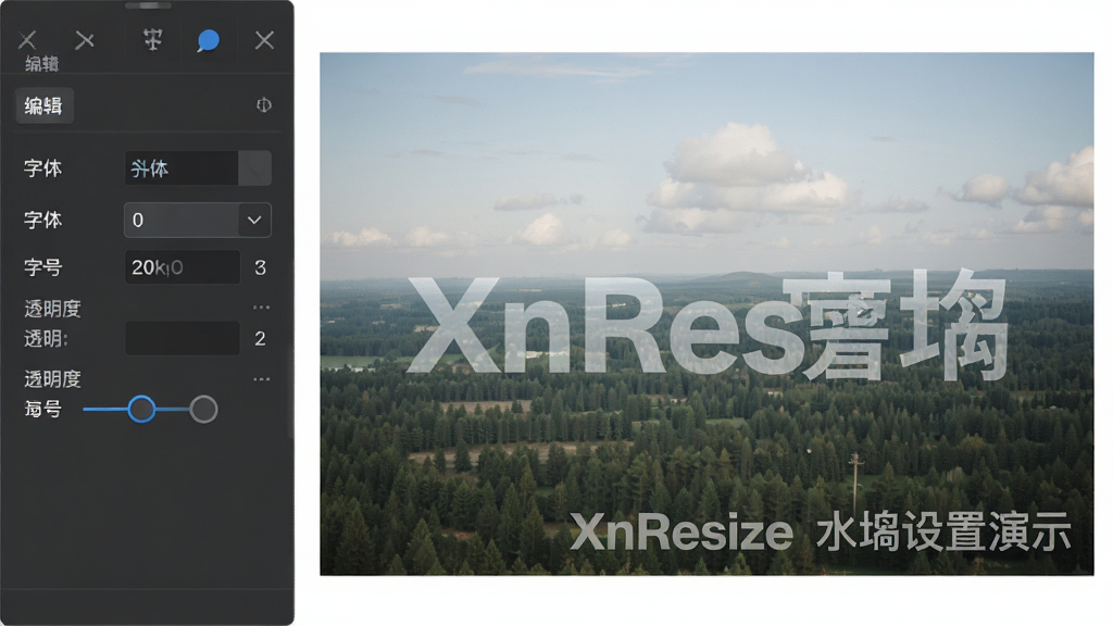 XnResize水印设置演示图,画面中央为一张示例照片,右下角叠加半透明文字水印,左侧为水印编辑面板,包含字体、字号、透明度选项,风格专业,画质清晰,无多余元素