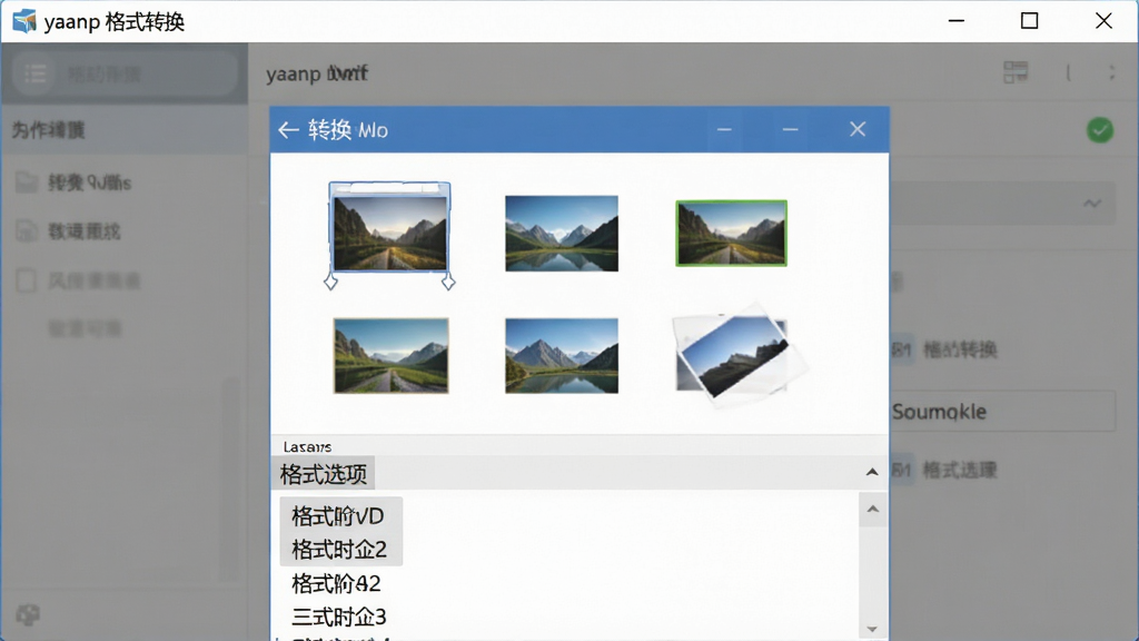 主体:软件操作界面中拖拽多个图片文件到转换窗口,下方显示格式选项列表,布局:居中,界面简洁,风格:扁平化设计,细节:窗口标题栏有“yaanp 格式转换”字样,画质:高清,干净,无多余元素
