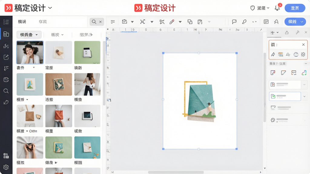 一张展示稿定设计软件主界面的高清截图,画面中央是一个简洁明亮的在线设计工作台,左侧为模板素材库,右侧为画布编辑区,顶部有“稿定设计”红色Logo,整体风格现代清爽,界面布局规整,细节清晰,画质干净无多余元素
