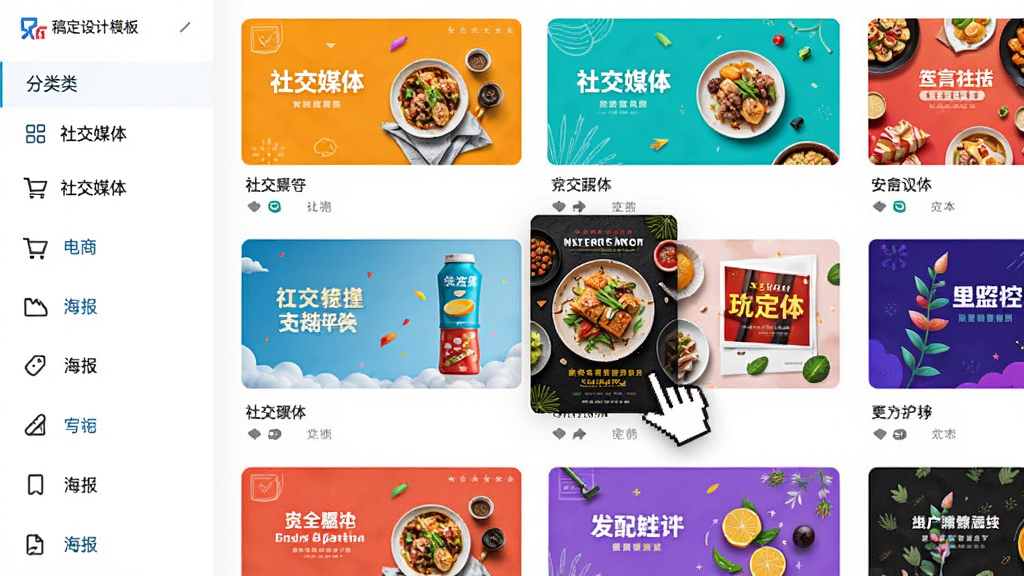 稿定设计模板库界面预览图,左侧分类栏显示社交媒体、电商、海报等选项,右侧展示多款色彩鲜艳、风格各异的模板缩略图,鼠标悬停在一个美食海报模板上,整体布局整齐,界面明亮清晰,画质细腻干净