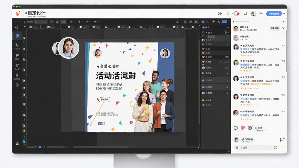 稿定设计团队协作界面示意图,屏幕分割为多个工作区域,显示多人同时编辑一个活动海报,头像悬浮在画布角落,右侧有评论讨论区,整体风格专业明亮,界面干净整洁,细节丰富清晰