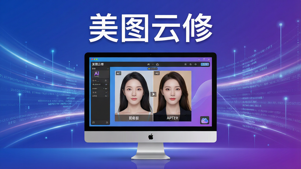 一幅现代科技感与艺术感结合的宽幅宣传海报,画面中央是“美图云修”软件界面悬浮于电脑显示器中,界面展示AI一键修图前后的对比人像,背景为流线型光影与数据流,整体色调蓝紫渐变,排版简洁大气,突出智能专业,画质高清,干净无多余元素,文字“美图云修”置于顶部醒目位置