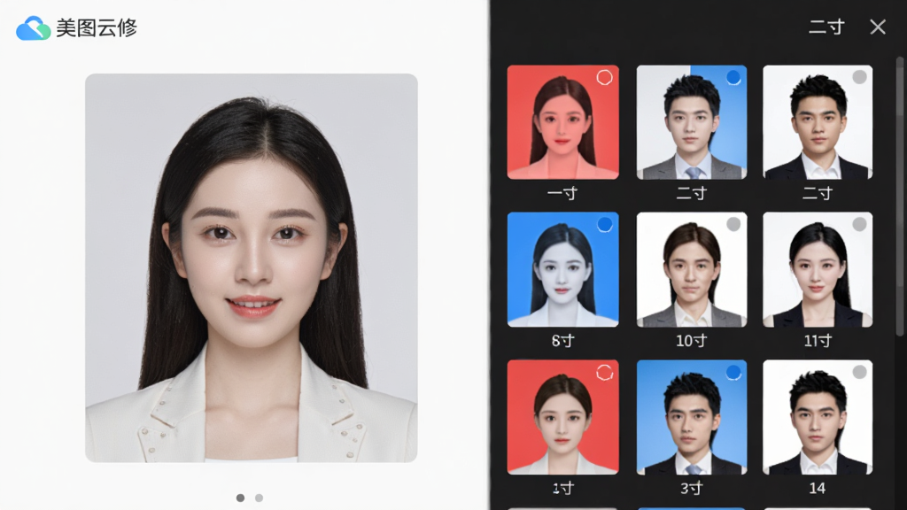 美图云修证件照功能界面展示,左侧为人物半身照,右侧显示各种证件照尺寸模板,如一寸、二寸等,背景色有红蓝白选项,界面清晰,“美图云修”Logo在左上角,整体设计简约,色彩柔和,画质清晰