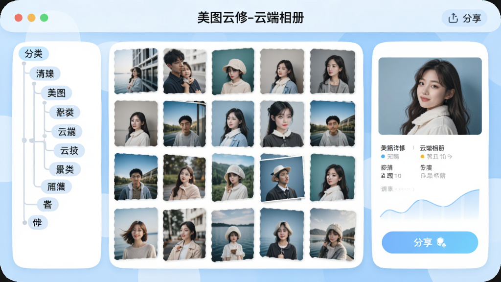 美图云修云端素材库界面示意,画面中央为网格状照片墙,左侧为分类标签树,右侧为图片详情与分享按钮,整体UI风格圆润,背景浅蓝,标题栏显示“美图云修-云端相册”,图片清晰,布局合理