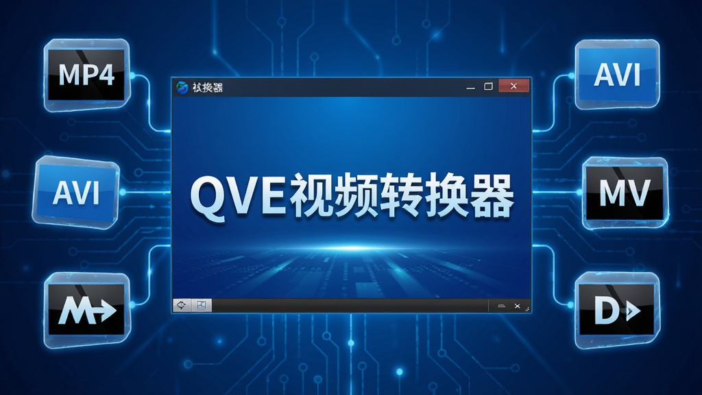 QVE视频转换器格式转换功能示意图,画面中央显示软件界面,周围环绕多种视频格式图标如MP4、AVI、MKV,采用科技感蓝色调,布局清晰,突出
