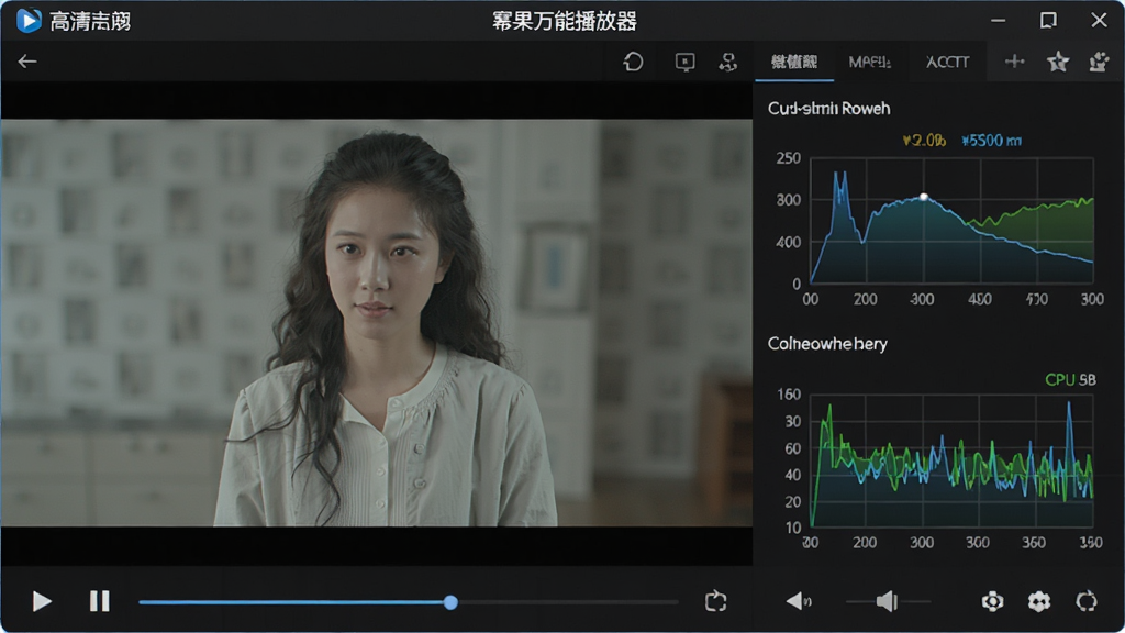 主体为“幂果万能播放器”在播放高清视频时,后台任务管理器显示CPU占用率低,布局上下分屏,排版清晰,风格科技感,细节包括视频画面与性能图表,画质干净,无多余元素