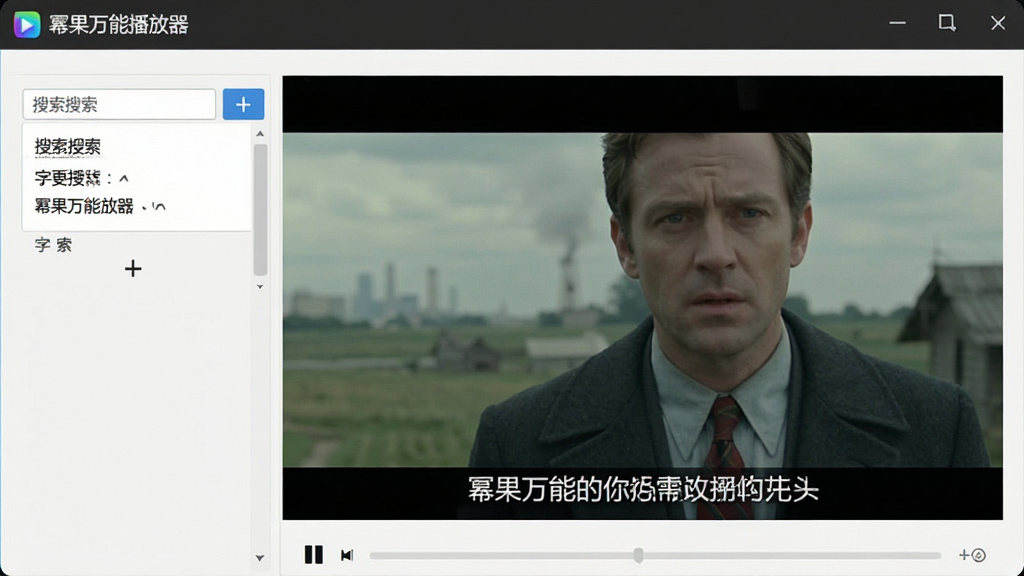 主体为“幂果万能播放器”播放外语电影页面,画面下方显示中文字幕,左侧有字幕搜索对话框,布局左右结构,排版实用,风格简洁,细节包括字幕字体清晰,画质干净,无多余元素