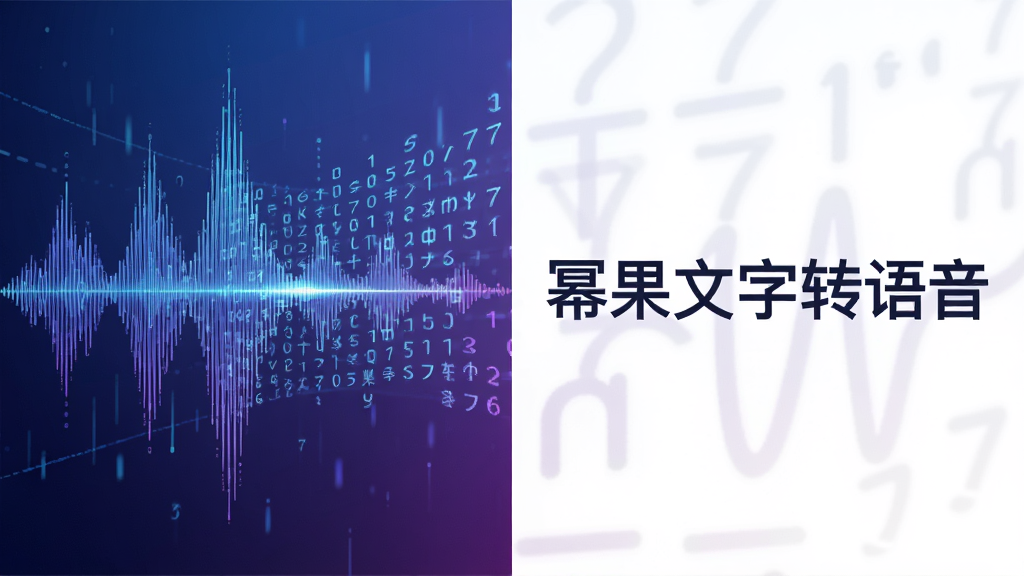 展示幂果文字转语音软件智能合成引擎的抽象概念图,画面主体为数字化的声波纹与文字符号流,右侧清晰标注“幂果文字转语音”字样,布局采用左右分割式排版,风格偏向科技感插画,细节丰富,色彩以蓝紫渐变为主,画质干净清晰,无多余元素
