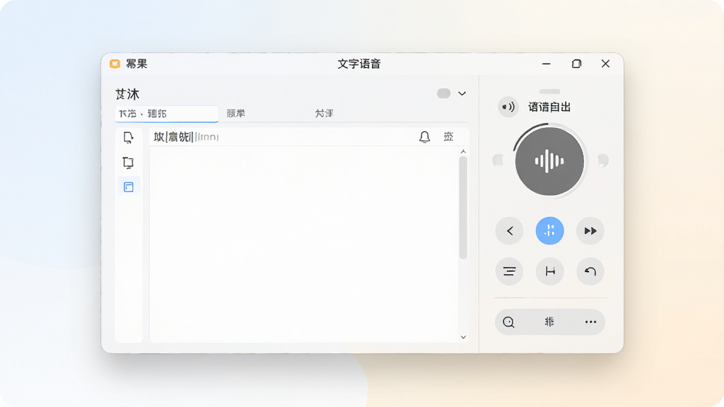 一张展示幂果文字转语音软件核心界面的高清产品渲染图,画面主体是简洁明亮的软件主窗口,左侧为文本输入区域,右侧为语音合成控制面板,界面布局清晰,风格现代简约,背景为干净的浅色渐变,画质细腻,整体氛围专业且亲和,无多余元素