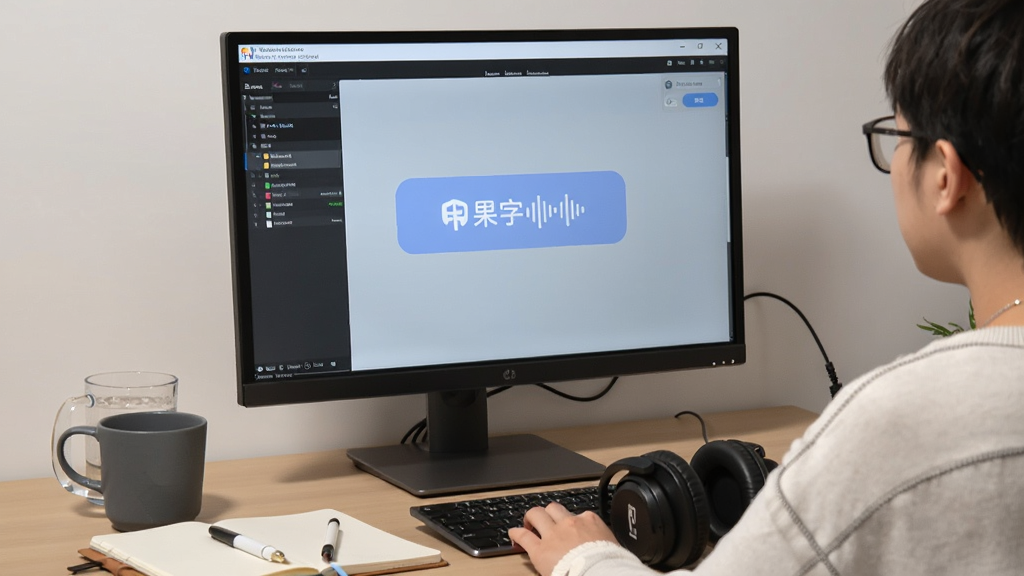 一张展示用户在电脑前使用幂果文字转语音软件进行配音工作的场景图,画面主体为软件操作界面与耳机,布局为平视视角,风格写实,细节包括桌面上的水杯与笔记本,画质清晰,氛围安静专注,无多余元素