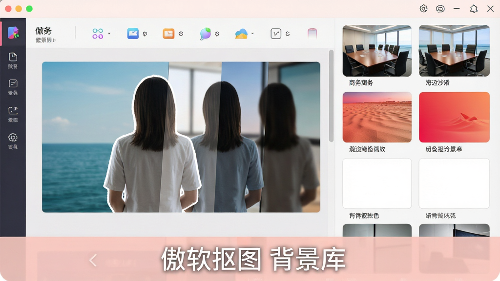 一张展示傲软抠图软件背景库界面的图片,界面右侧列出各种风格缩略图,如商务会议室、海边沙滩、红色渐变、白色纯色等,左侧预览区一个人物抠图后正在切换不同背景,界面配色柔和,图标整齐排列,画质清晰,图片下方标注“傲软抠图 背景库”
