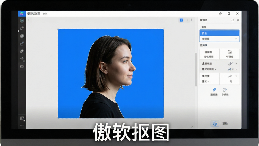 一幅展示电脑屏幕的图片,屏幕中傲软抠图软件界面正在处理一张人物照片,人物边缘被精细选取,背景被替换为纯蓝色,界面布局清爽简洁,左侧是图片预览区,右侧是工具选项栏,整体风格现代科技感,画质清晰干净,无多余元素,图片下方文字标注“傲软抠图”
