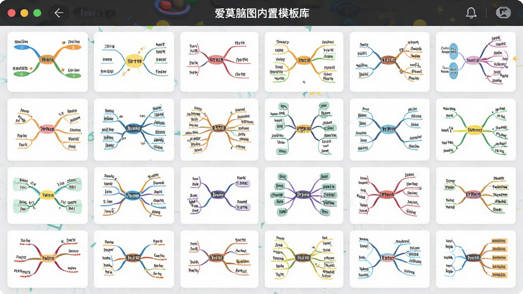 一张展示“爱莫脑图”内置模板库的截图,画面以网格形式排列着各种风格迥异的思维导图缩略图,涵盖读书笔记、工作计划、旅行规划等主题,色彩鲜艳,布局精美,风格活泼,画质高清,无多余元素