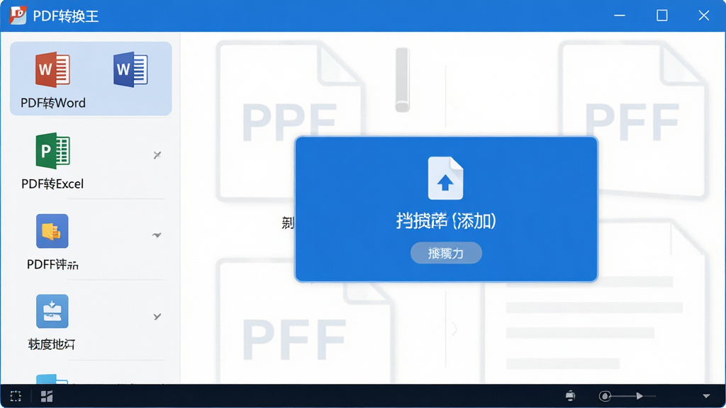 一张展示PDF转换王软件主界面的高清预览图,界面简洁明亮,左侧功能列表清晰展示“PDF转Word”、“PDF转Excel”等主要功能图标,中央区域显示文件拖拽添加的提示框,整体风格现代商务,色彩以蓝白为主,画质干净,无多余元素