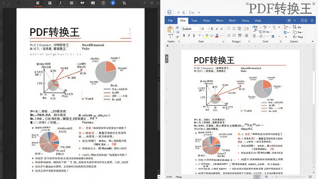 展示PDF转换王将一份带有图表和文字的PDF文件转换为Word文档的过程对比图,左侧为原始PDF界面,右侧为转换后的Word文档编辑界面,版面一致,文字清晰,软件名称“PDF转换王”以水印形式出现在右上角,整体画面干净专业,画质高清