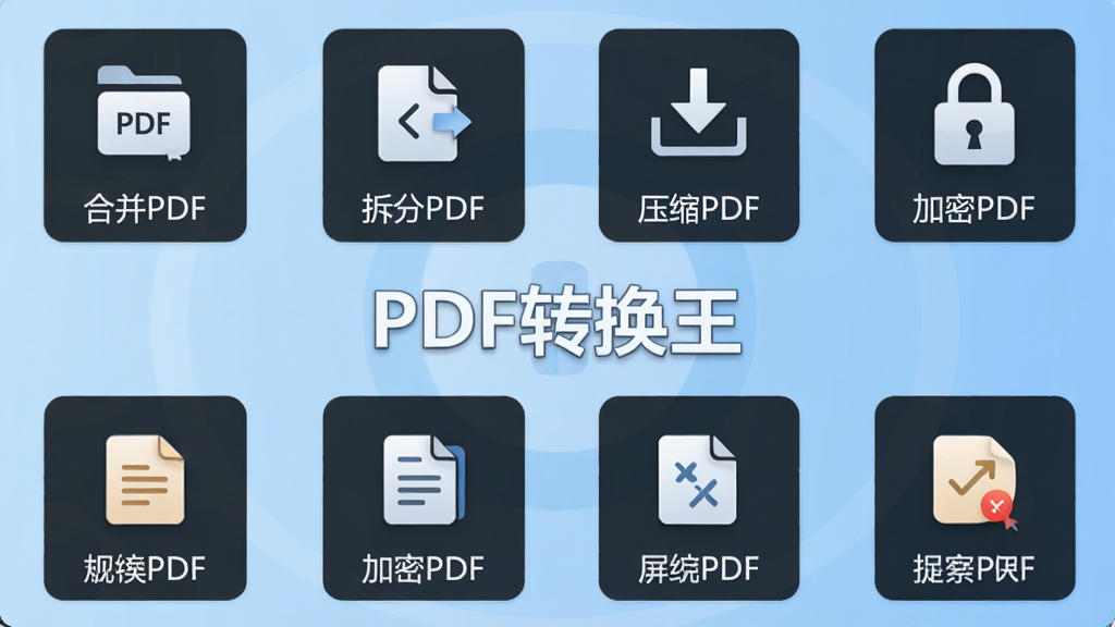 展示PDF转换王的功能聚合界面,以网格状布局展示“合并PDF”、“拆分PDF”、“压缩PDF”、“加密PDF”等工具图标,每个图标下方有中文名称,背景为淡蓝色渐变,中心位置有“PDF转换王”字样,整体风格简洁直观,画面干净,画质清晰