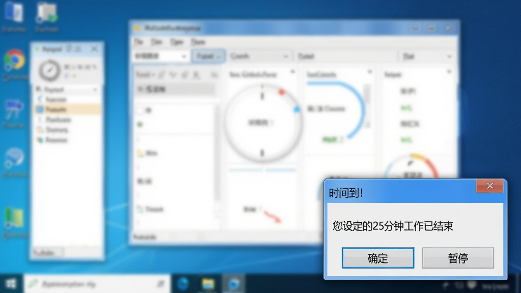 �۷����ü�ʱ������֪ͨЧ��ͼ���������½ǵ���һ��Windows����֪ͨ���ڣ����ڱ���Ϊ��ʱ�䵽������������ʾ�����趨��25���ӹ����ѽ������������·��С�ȷ�����͡���ͣ����ť������Ϊģ���ĵ������棬���������棬�����Ȼ������������