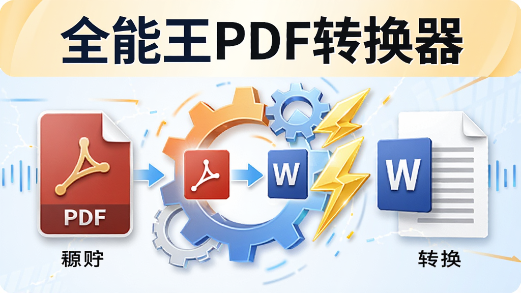 全能王PDF转换器功能展示图,画面中心显示PDF转Word的转换过程,左侧为PDF源文件图标,右侧为转换出的Word文档,背景有齿轮和闪电图形象征高效转换,整体风格写实,色彩明亮,包含软件名称“全能王PDF转换器”文字标识,画质清晰,细节精致