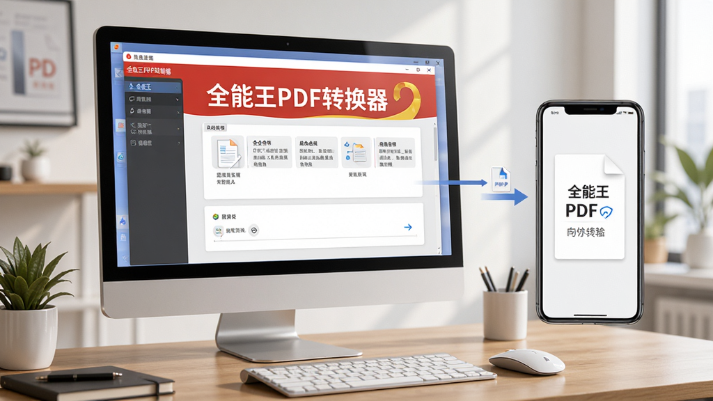 全能王PDF转换器使用教程示意图,画面显示电脑屏幕中的软件操作界面,旁边有手机同步传输文件,整体场景化展示,现代办公桌面风格,包含鼠标、键盘等元素,软件名称“全能王PDF转换器”在屏幕上清晰可见,高分辨率,写实风格,光线柔和,细节清晰