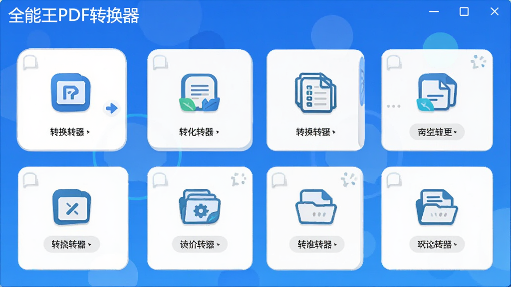 全能王PDF转换器界面预览图,主界面展示多种转换功能图标,布局清晰,采用蓝白配色,扁平化设计风格,软件名称“全能王PDF转换器”置于左上角,整体画面干净明亮,高分辨率,细节丰富,无多余元素