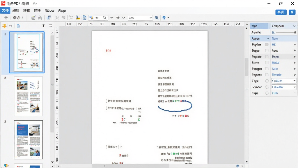 һ��չʾ����PDF�༭��������ĸ������ֲ�ͼ������������Ϊ��ɫ�������Ϊҳ������ͼ���������м��Ǵ򿪵�PDF�ĵ��༭�����Ҳ�Ϊ���Թ������������˵��������ļ����༭��ת���ȱ�ǩ�����岼��������࣬����רҵ���Ч�����ʸɾ��޶���Ԫ�ء�