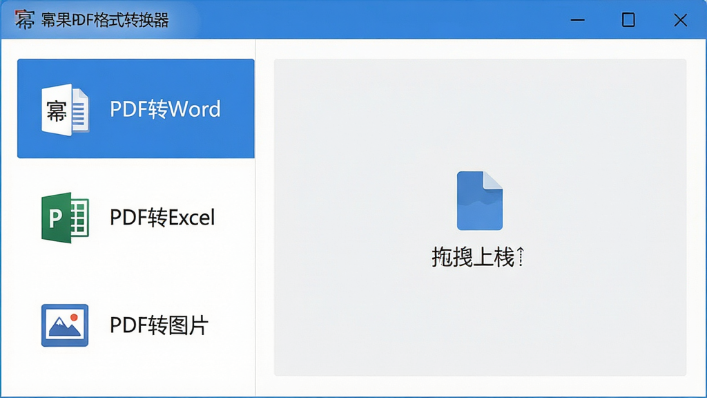 一张展示幂果PDF格式转换器软件主界面的高清截图,主体为软件窗口,界面采用蓝白配色,左侧清晰显示“PDF转Word”、“PDF转Excel”、“PDF转图片”等功能图标列表,右侧为文件拖拽上传区域,整体布局简洁明了,排版规整,扁平化设计风格,画面细节清晰,画质干净,无多余元素