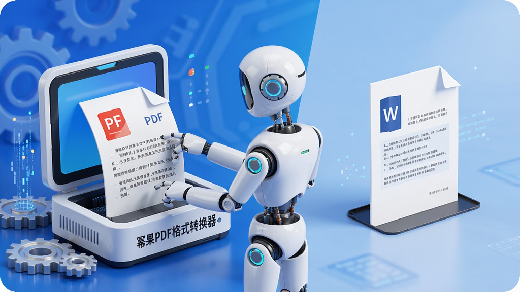 高清数字绘图展示幂果PDF格式转换器的“精准转换引擎”功能,主体为拟人化的机器人助手,正将一份PDF文件平稳地放入标有“幂果PDF格式转换器”字样的智能设备中,另一侧输出排版整齐的Word文档,布局采用左右对比结构,背景为科技感蓝色渐变,3D渲染风格,细节呈现齿轮与数据流元素,画质细腻干净,无多余元素