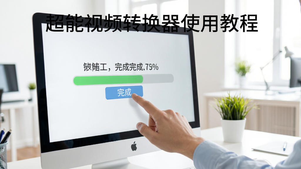 超能视频转换器使用教程步骤图,手部点击电脑屏幕上的转换按钮,旁边有进度条显示完成百分比,背景为明亮的办公环境,画面清晰,干净无多余元素