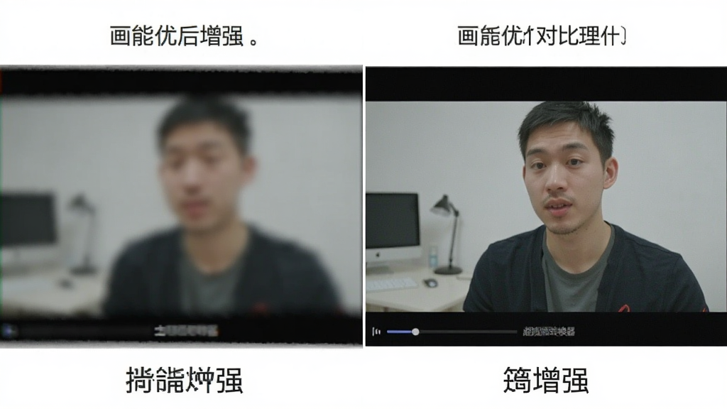超能视频转换器画质优化前后对比图,左侧为模糊的视频画面,右侧为经过软件处理后的清晰画面,背景简洁,突出细节增强效果,超清画质,干净无多余元素