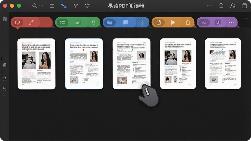 ���ӽǶ����������Ļ�ϵ��׶�PDF�Ķ������棬��Ļ��չʾ�������е��߸���ɫ��ǩҳ��ÿ����ǩҳ����ͼ���ֲ�ͬ���ݵ�PDF�ĵ�������һ�����������ק���µ�λ�á�����ǿ����ǩҳ��������ɹ����ԣ�����Ϊ��ɫϵͳ���⣬���涥���С��׶�PDF�Ķ����������ֱ�ʶ�����������ִ���ϸ�����ֱ�ǩҳ��Բ���������΢��Ӱ�����ʸ��壬�޶���Ԫ�ء�