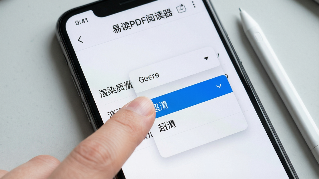 չʾ�ֻ���Ļ�ϵ��׶�PDF�Ķ������ý��棬����ָ��ѡ����Ⱦ������ѡ�����һ�������˵���������ʾ�����塱ѡ�����Ϊǳ��ɫ���棬�ֻ��Ա߷���һ֧���رʡ����ֲ�����д��ͷ����Ļ�����С��׶�PDF�Ķ������������������дʵ���������������ͣ�ϸ��ͻ����ָ����Ļ�ĽӴ��㣬���ʸɾ��������޶���Ԫ�ء�