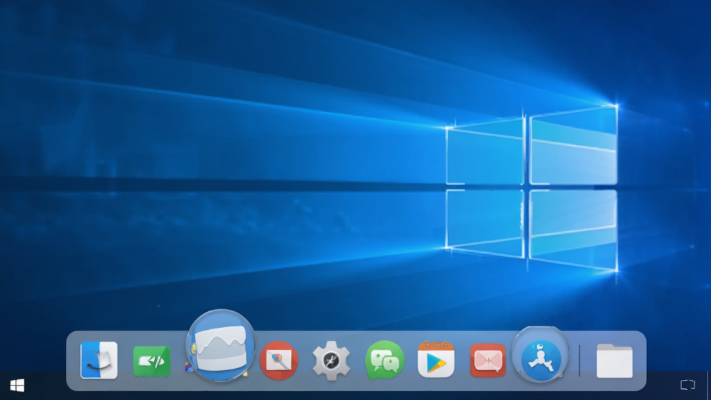 BitDock��������Ԥ��ͼ��չʾһ�������Windows����ײ���һ����͸����Dock�������������Ÿ��ֲ�ɫӦ��ͼ�꣬�зŴ����ͣЧ��������Ϊ������ɫ��������ִ���Լ������ɾ���������