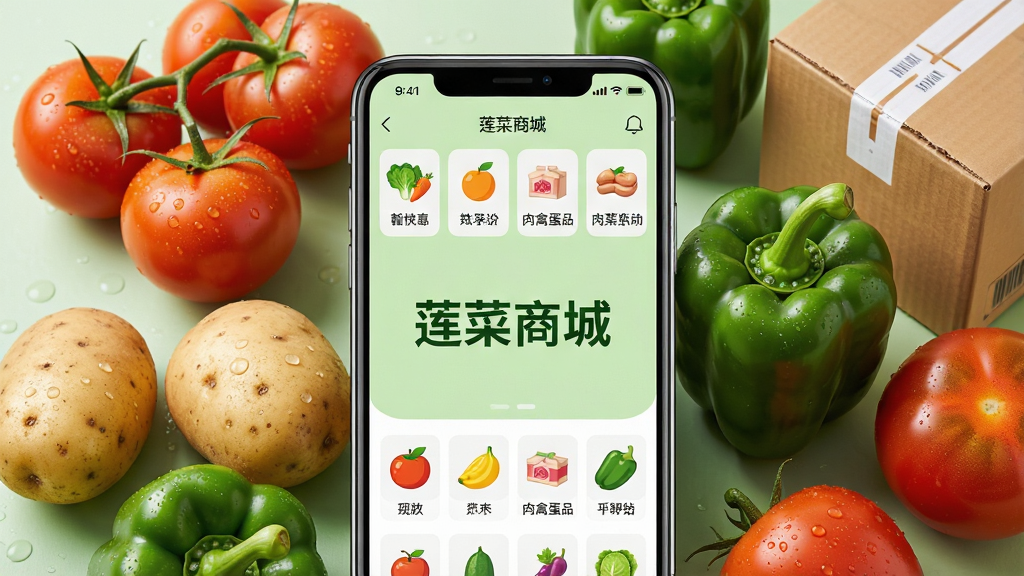 ���壺�ֻ���Ļչʾ�����̳�APP���棬���������߲�ˮ�������ݵ�Ʒ����Ʒ����ͼ�꣬������ʾ�������̳ǡ�Ʒ������������Ϊ����ɫ�����֣��ֻ�λ�ڻ������룬��Χ���������߲ˡ����ѡ��������ཷ��ʳ�ļ�����䡣�Ű棺�ֻ���Ļ�����ɼ�����Ʒ�����������򡣷��дʵ��ҵ��Ӱ�������ͨ͸���ɾ����ࡣϸ�ڣ��߲��ϴ���ˮ�飬��ɫ���ޣ����渻�����������ʣ�����ϸ�壬�ɾ����޶���Ԫ�ء�