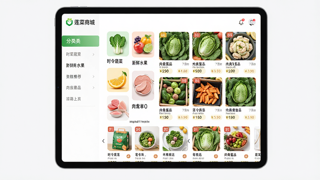 ���壺�����̳�APP��ҳ���棬չʾ�������ͼ�꣬�硰ʱ���߲ˡ���������ˮ�����������ݵ�Ʒ�����·�Ϊ������Ʒ�Ƽ�λ�����֣�ƽ����Ժ���չʾ�����Ϊ����˵����Ҳ�Ϊ��Ʒ�ٲ������Ű棺UI����������ɫ�ʴ����г����ƷͼƬ�������С���񣺱�ƽ�����ִ���ԼUI��ϡ�ϸ�ڣ���Ļ��ͻ����ʾ�������̳ǡ�Logo����ƷͼƬ���м۸��ǩ�����ʣ��������ȣ��ɾ����࣬�޶���Ԫ�ء�