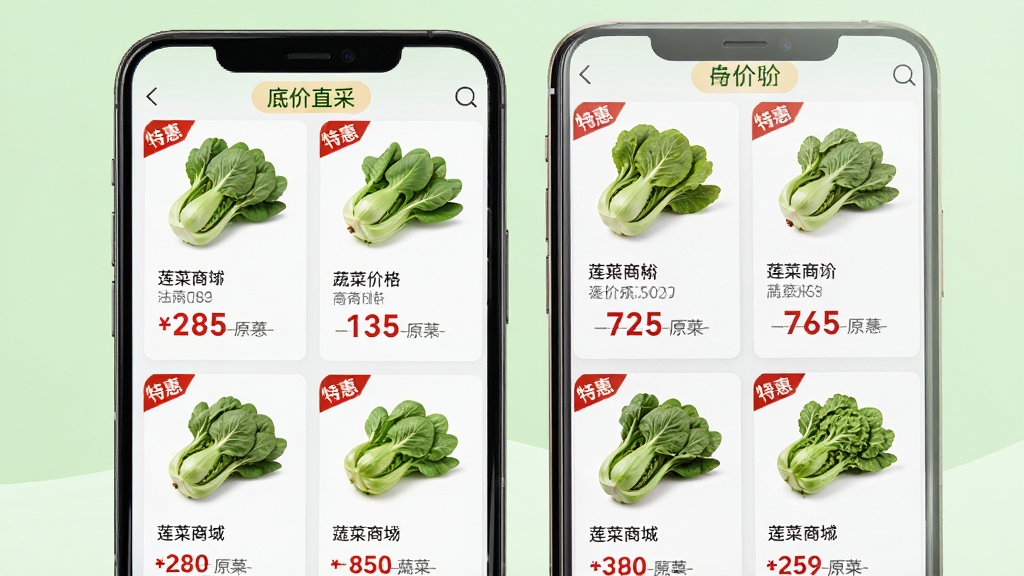 ���壺�����̳�APP�е���Ʒ�б�ҳ�棬��ʾ�����߲˼۸�Աȣ�ͻ�����׼�ֱ�ɡ���ǩ�����֣��ֻ��������棬��Ʒ��˫�п�Ƭ��ʽ���У�ÿ�ſ�Ƭ����ʵ��ͼ�����ƺͼ۸��Ű棺�۸��ú�ɫ���ֱ�ע��ԭ�ۻ��߶Աȡ���񣺵��̷�񣬼�����졣ϸ�ڣ���ƷͼƬ�������С��ػݡ��Ǳ꣬����Ϊǳ��ɫ�����ʣ����壬�ɾ����޶���Ԫ�ء�