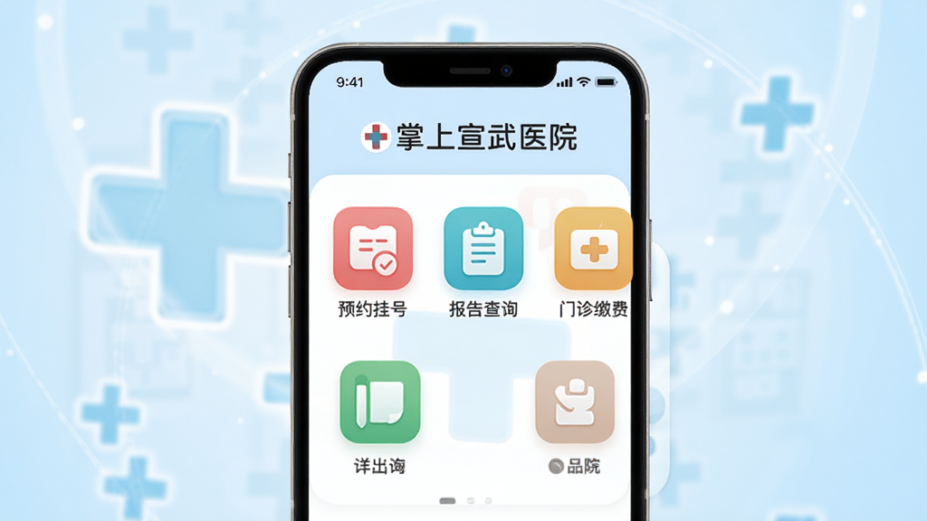 ��������Ϊ�����ֻ���Ļ��д����Ļ��������ʾ����������ҽԺ��APP���棬�������ԤԼ�Һš������ѯ������ɷѵȲ�ɫ����ͼ�꣬����Ϊ����ɫҽ��ʮ������͹�Ч�����岼�־��У�����ƽ����ϸ��Բ�󣬻��ʸ���ɾ����޶���Ԫ��