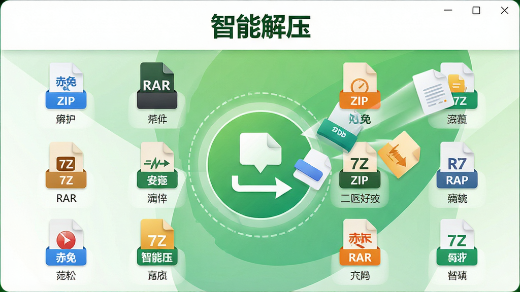 ���壺����ѹ��������ѹ���棬��ʾ����ѹ����ʽͼ�꣬��ZIP��RAR��7Z�����ڽ�ѹ�ļ������֣�����������ʾ��ѹ�������ļ�ͼ������������Ű棺ͼ���������룬ɫ�ʷ�����������¼�Լ����ɫ���ɫ���䡣ϸ�ڣ�ÿ��ͼ���±�ע��ʽ���ƣ�������ʾ�����ܽ�ѹ�����⡣���ʣ����壬�������ɾ����޶���Ԫ�ء�