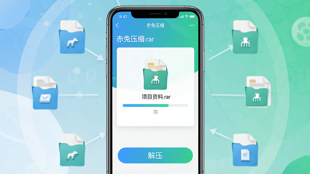 ���壺�ֻ���Ļ��ʾ����ѹ���ƶ��˽��棬���ڽ�ѹ�ļ�����Χ�н��������ļ�ͼ�ꡣ���֣��ֻ����У���Ļ����������ײ��С���ѹ����ť���Ű棺���ֱ�ۣ�������ť��Ŀ��������·����ɫ����ɫ���䡣ϸ�ڣ�������ʾ������ѹ������������ѹ�ļ���Ϊ����Ŀ����.rar�������ʣ����壬�ɾ����޶���Ԫ�ء�