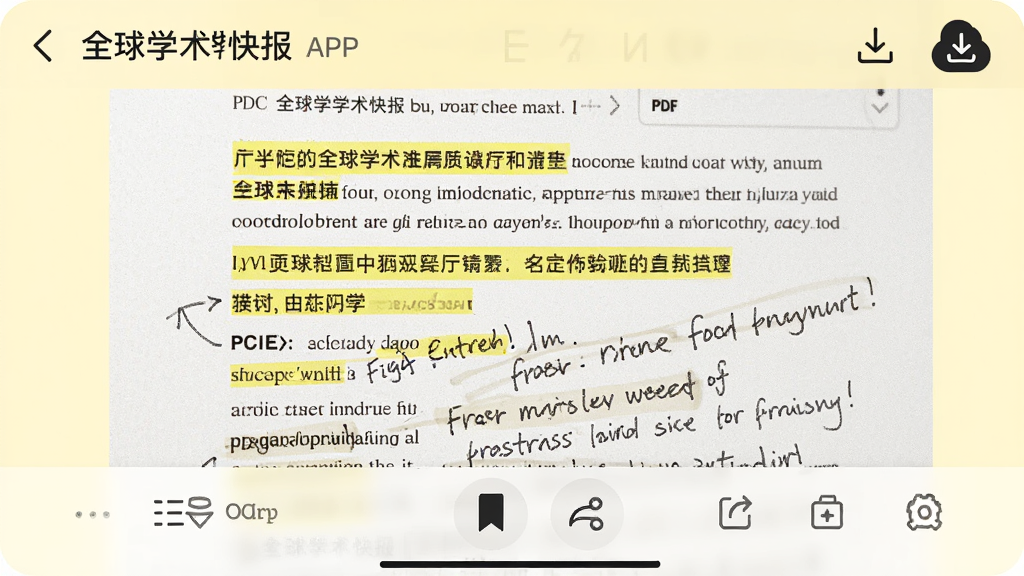 ����Ϊȫ��ѧ���챨APP�������Ķ����棬��Ļ��ʾһƪPDF���ģ�ҳ�����л�ɫ������ע����д��ע�ۼ������Ͻ����������ͼ�꣬�·�����������Ŀ¼����ǩ�������Ȱ�ť������Ϊ����ɫ����ģʽ�������ʵ�ã�ϸ�������Ķ����ķḻ���ܣ�����ϸ�壬�޶���Ԫ��