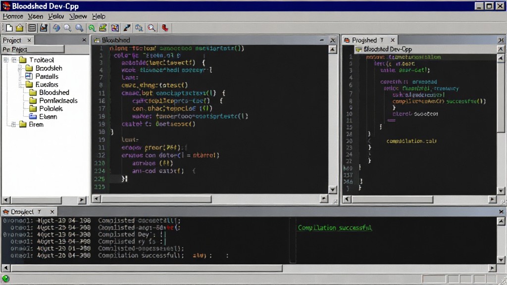 ���壺Bloodshed Dev-Cpp ���������ͼ��������ʾ����༭���ںͱ��������壻���֣������ IDE ���ڲ��֣��Ϸ��в˵����͹����������Ϊ��Ŀ��������Ҳ�Ϊ����༭�����·�Ϊ������־���Ű棺�����Ĵ��ڷָ��������Ϊ�ȿ����壬�к������ɼ�����񣺼�ࡢרҵ�����ŵ� Windows �����������ϸ�ڣ����ڱ�������ʾ 