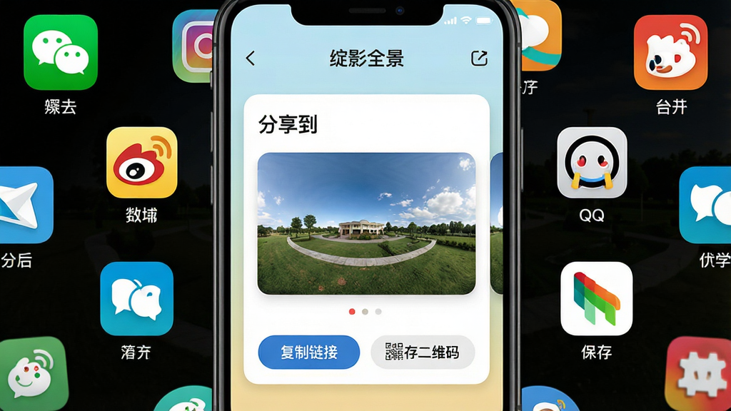 ���壺�ֻ���Ļչʾ����Ӱȫ��������ҳ�棬����罻APPͼ�껷�����С����֣�����Ϊ�����ɵ�ȫ��ͼƬ��Ƭ��ͼ��ʻ��ηֲ��ڿ�Ƭ���ܣ�ÿ��ͼ���·��ж�Ӧƽ̨���ơ��Ű棺��Ƭ�Ϸ��С������������⣬�ײ�Ϊ���������ӡ��͡������ά�롱��ť����񣺱�ƽ��UI��ɫ�����졣ϸ�ڣ�΢�š�΢����QQ��ͼ�������ɱ棬��Ƭ����ʾȫ������ͼ�����ʣ����壬�ɾ��޶���Ԫ�ء�