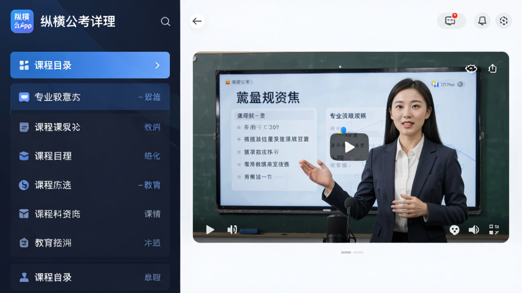 ��湹ͼչʾ�ݺṫ��APP�γ�����ҳ��ҳ������ǿγ�Ŀ¼�б����Ҳ�Ϊ��Ƶ���Ž��棬��ʦ���ڽ���֪ʶ�㣬����ɫ����������������UI����ִ���ͻ��רҵ������Χ�����ʸ��壬�ɾ��޶���Ԫ��