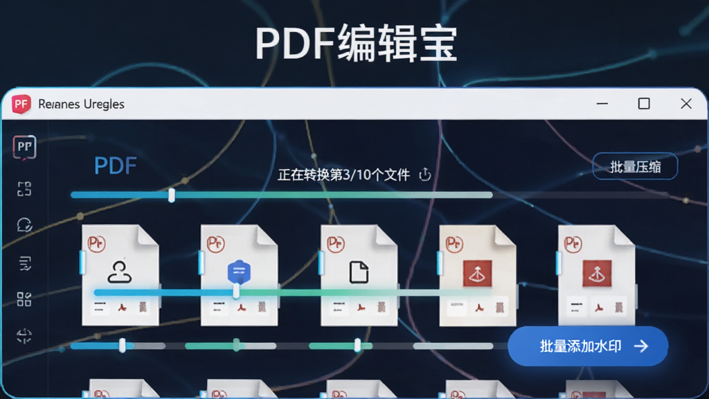 ʾ��ͼչʾ��PDF�༭���������������ܣ����������·���ʾ���PDF�ļ������ŶӴ�������������ʾ������ת����3/10���ļ����������а�ť������ע����������ˮӡ����������ѹ������������Ƽ���ʮ�㣬��������ͻ�����ɾ�������
